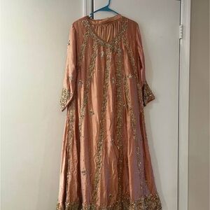 Pakistani Designer A line Three Pieace Elegant Peach Embellished Dress